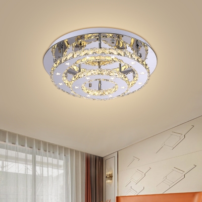 Tiered Circular Semi Flush Contemporary Clear Crystal LED Chrome Flush Mount Light Fixture in Warm/White Light