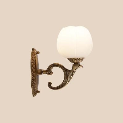 1-Bulb Wall Sconce Lighting Classic Flower White Glass Wall Light in Brass for Living Room
