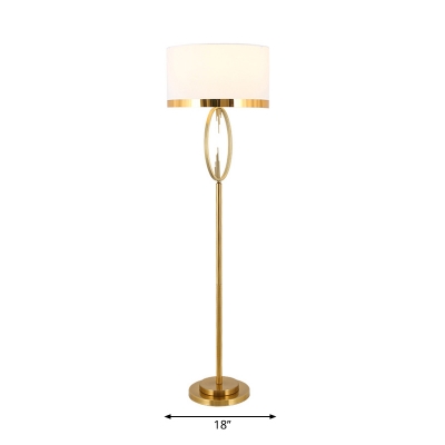 1 Head Floor Reading Light Rural Drum Fabric Standing Lighting in Brass with Metal Oval Frame