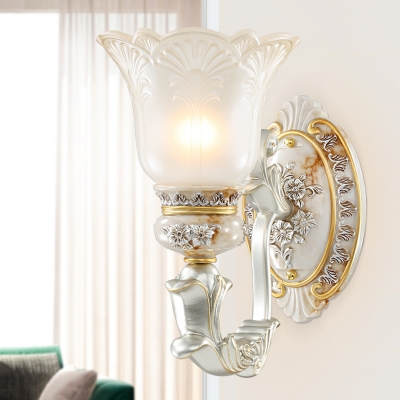 1 Light Opal Glass Wall Light Sconce Rustic White and Gold Scalloped Living Room Wall Lighting