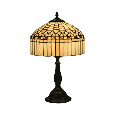 Beige Stained Glass Table Lighting Tapered Drum 1-Head Tiffany Night Lamp for Bedside