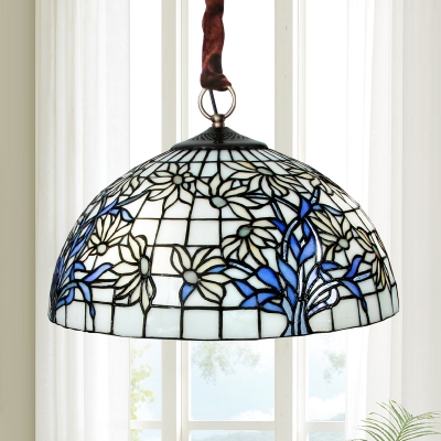 Blue and White Cut Glass Pendant Lighting Lattice Dome 3 Heads Tiffany Style Chandelier Light with Petal Pattern