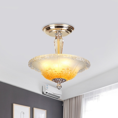 Bowl Ceiling Flush Minimal White/Yellow Ribbed Glass LED Gold Semi Flush Light Fixture