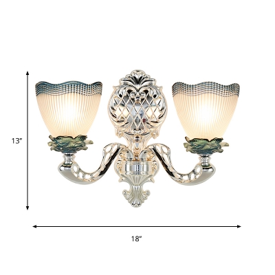 Bowl Living Room Wall Mount Lamp Traditional Prismatic Glass 2 Heads Silver Finish Wall Light Fixture with Swirled Arm