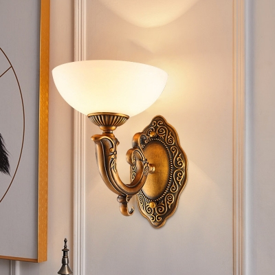 Brass Finish 1/2-Head Wall Lighting Countryside Frosted Glass Bowl Shade Wall Sconce with Swirled Arm