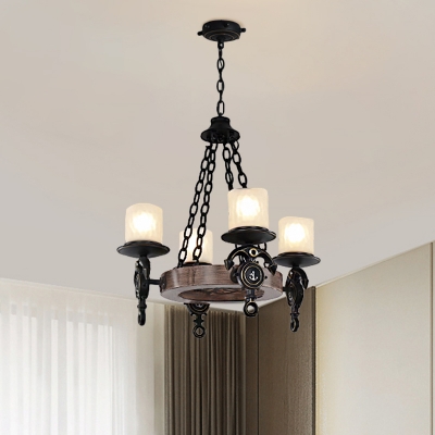 Creative 4 Heads Chandelier Light Black/Blue Cylinder Suspension Pendant with Frosted Dimpled Glass Shade