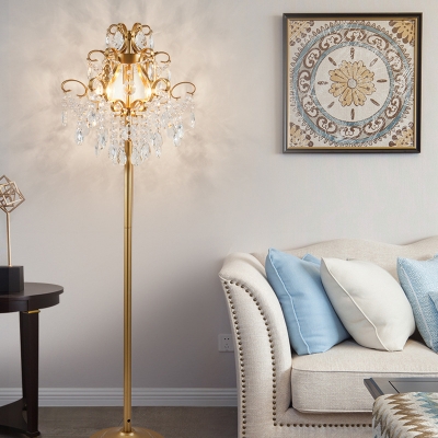 Crystal Swag Gold Floor Lamp Scrolls Single Farmhouse Floor Standing Light for Living Room