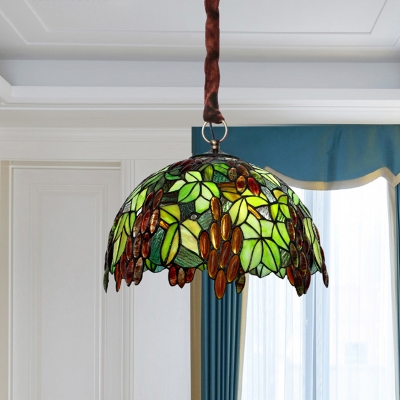 Cut Glass Domed Ceiling Chandelier Mediterranean 3-Light Green Finish Hanging Light Fixture with Leaf and Grapes Pattern
