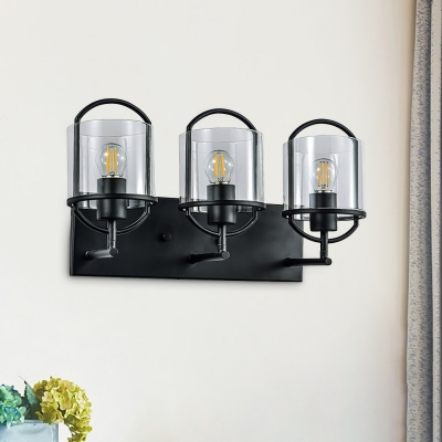 Cylinder Dining Room Sconce Light Warehouse Clear Glass 3 Lights Black Wall Lamp with Metal Backplate