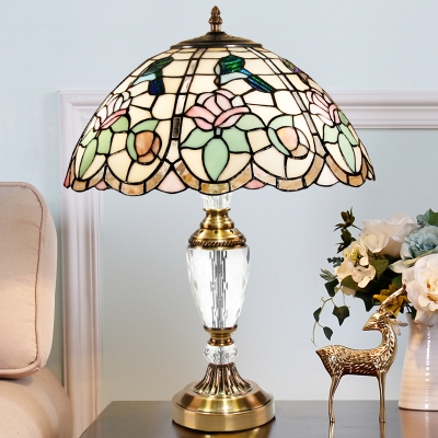 Domed Crystal Night Lamp 3 Bulbs Stained Glass Tiffany Style Pull Chain Nightstand Light in White with Flower and Bird Pattern