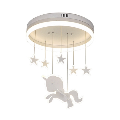 Draping Unicorn and Star LED Flush Mount Cartoon Acrylic Kids Room Ceiling Light Fixture in White
