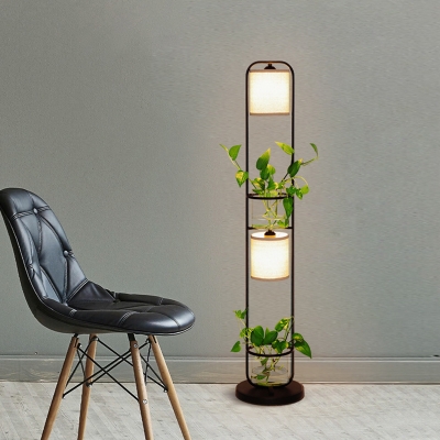 Fabric Cylinder Floor Lighting Industrial 1/2-Bulb Living Room Standing Light with Elongated Oblong Frame in Black