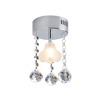 Floral Close to Ceiling Lamp Minimalism White Glass 1 Head Doorway Semi Flush with Dangling Crystal in Chrome