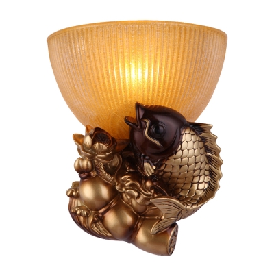Gold Bowl Wall Sconce Light Rustic Yellow Glass 1 Light Bedroom Wall Lighting Fixture with Fish Decor