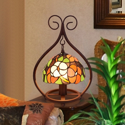 Hand Cut Glass Brown Night Table Lamp Dome 1 Light Victorian Floral Patterned Task Lighting with Scrolled Frame