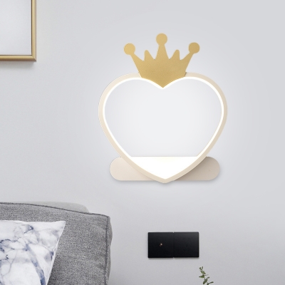 Heart with Crown Wall Lamp Contemporary Acrylic Pink/Gold LED Wall Mount Light Fixture for Bedroom