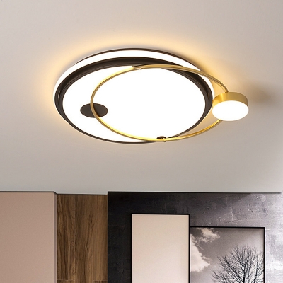 LED Bedroom Ceiling Lamp Minimalism Black-Gold Flush Mount Fixture with Circular Metal Shade in Warm/White Light