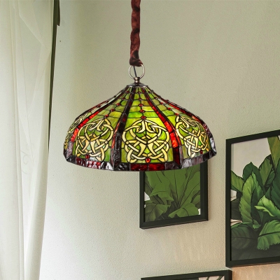 Mediterranean Dome Pendant Light Kit 3-Light Stained Glass Chandelier Lighting Fixture in Green