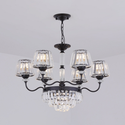 Modernism 6-Light Chandelier Lamp Black Tapered Hanging Ceiling Light with Beveled Crystal Shade