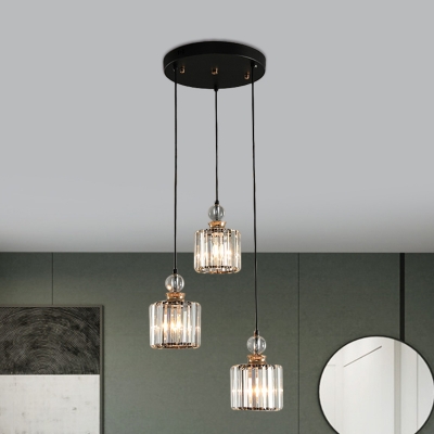 Modernity Cylinder Cluster Pendant Clear Crystal 1/3-Bulb Dining Room Hanging Light Fixture in Black
