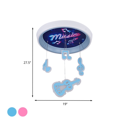 Music Pattern Circle Flush Light Kids Acrylic Pink/Blue LED Ceiling Lighting with Guitar and Rhythm Drop