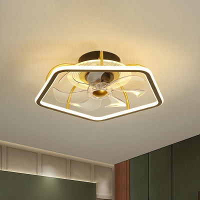 Pentagon Hanging Fan Lamp Fixture Modern Metal Black/Gold LED Semi Flush Light with 7 Blades, 19