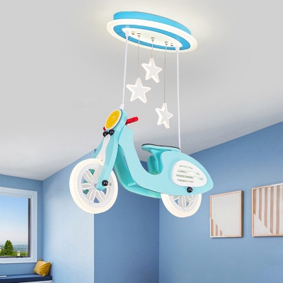 Pink/Blue Cool Motorbike LED Flushmount Kids Wood Close to Ceiling Lamp for Child Room