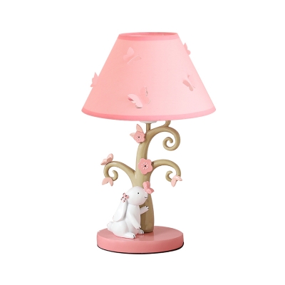 Pink Wide Flare Night Stand Light Kids 1 Bulb Fabric Table Lighting with Rabbit and Tree Base