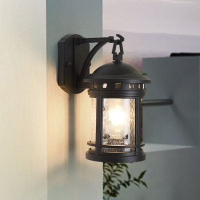 Rippled Glass Lantern Wall Light Fixture Farm 1 Bulb Patio Wall Mounted Lamp in Black