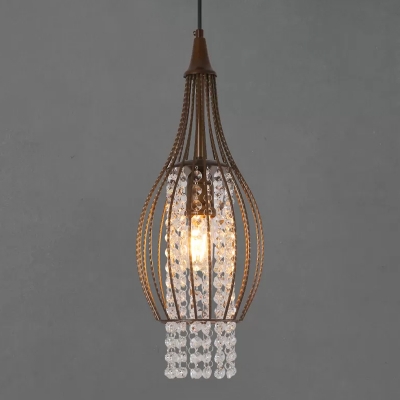 Simple Cylinder Pendant Lighting Crystal Strand 1 Head Bedroom Hanging Light Kit in Coffee with Wire Cage