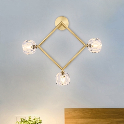 Simple Global Wall Sconce Hand-Cut Crystal 3 Lights Parlor Wall Mount Lamp with Ring/Square Frame in Brass