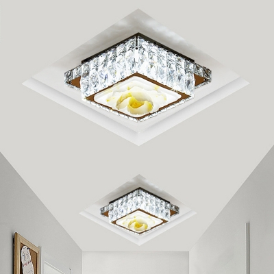 Square/Round Flush Mount Fixture Simplicity Faceted Crystal LED Chrome Close to Ceiling Light with Petal Pattern