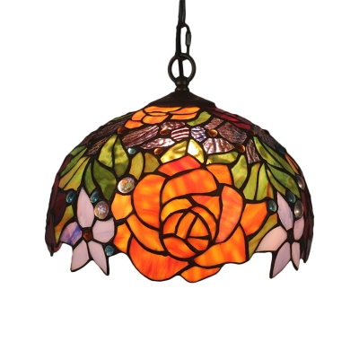 Stained Glass Bowl Ceiling Hang Fixture Mediterranean 1-Light Yellow Pendant Lighting with Blossom Pattern