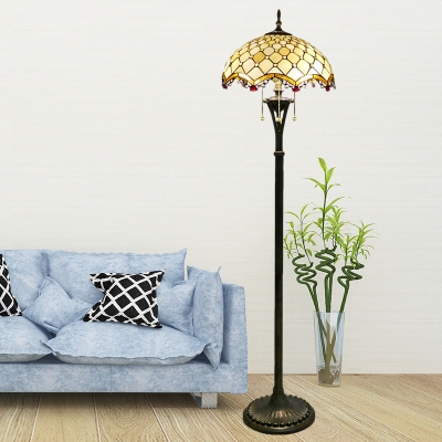 Victorian Scalloped Floor Lighting 3-Light Hand Cut Glass Beaded/Flower Patterned Reading Floor Lamp in Brass