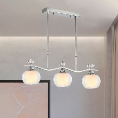 Wavy Metal Island Light Fixture Modern 3 Bulbs Chrome Pendant Lamp with Goblet Clear Glass Shade