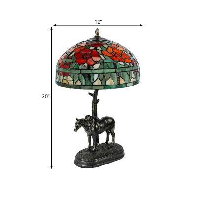 1-Bulb Night Table Lighting Mediterranean Bowl Hand Cut Glass Petal Patterned Night Lamp in Bronze with Resin Horse Base