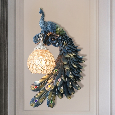 1 Bulb Peacock Sconce Light Rustic White/Red/Green Resin Wall Mounted Lamp with Ball Crystal Encrusted Shade, Right/Left