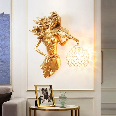 1-Head Crystal Wall Lighting Country Style White/Gold Global Sconce Light Fixture with Resin Girl with Zither Backplate