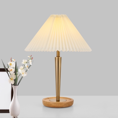 1-Light Fabric Nightstand Lamp Country Gold Pleated Tapered Bedroom Night Lighting