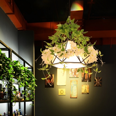 1 Light Pendant Lighting Antique Diamond Frame Metal Hanging Lamp Kit with Blossom Deco in White/Red