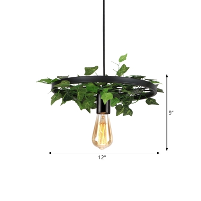 1 Light Wheel Down Lighting Pendant Warehouse Black Metallic Hanging Lamp with Exposed Bulb Design