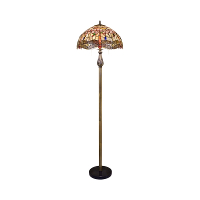 2-Bulb Living Room Reading Floor Lamp Baroque White Dragonfly Patterned Standing Lighting with Dome Shell Shade