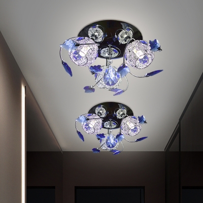 3/7 Heads Silver Leaf Ceiling Lamp Simple Blue/Tan Crystal Semi Flush Mount Lighting with Global Metal Design in Warm/White Light