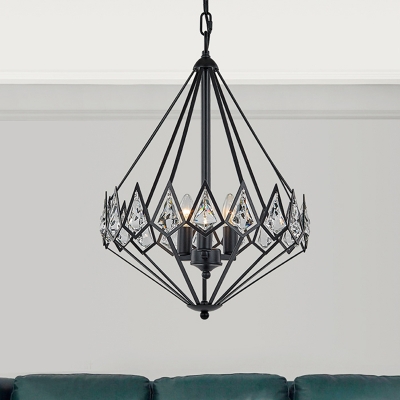 3-Light Living Room Chandelier Modern Black Metal Pendant Light with Diamond Cage Metal Shade