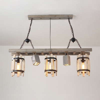 5-Bulb Island Chandelier Antiqued Dining Room Pendant Light Kit with Cylinder Wood Shade in Grey/Brown