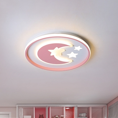 Acrylic Moon and Star Ceiling Fixture Macaron LED Flush Mount Lamp in Pink/Blue with Circle Design