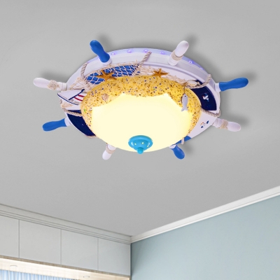 Dome Ceiling Mounted Fixture Kids Style Opaque Glass LED Blue Flush Lamp with Rudder and Sand Design in Warm/White Light
