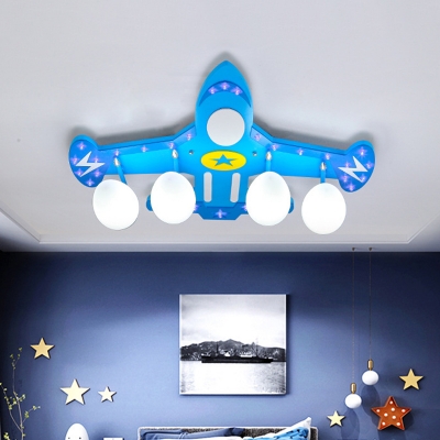 Airplane Semi Flush Mount Modern Opal Glass 4 Heads Boy's Bedroom Ceiling Lighting in Blue