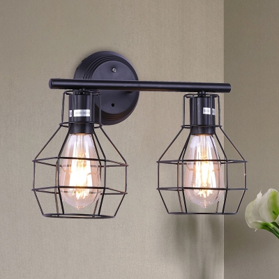 Black Orb Cage Wall Sconce Light Industrial Metal 2 Lights Dining Room Wall Mount Lamp