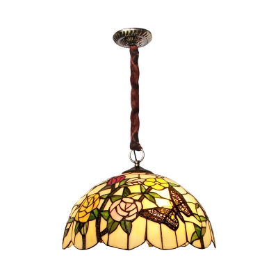 Brass 3 Heads Pendant Lamp Baroque Stained Glass Scalloped Chandelier Light Fixture with Flower and Butterfly Pattern